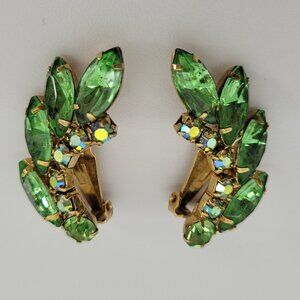 Vintage Mid-Century Green + Aurora Borealis Crystal Gold Tone Clip-On Earrings